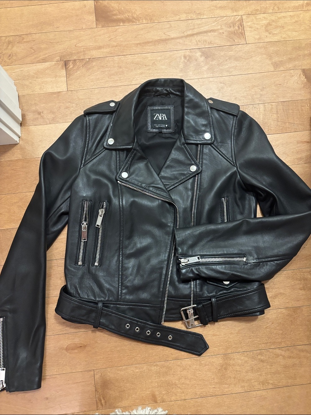ZARA Black Biker-Style Faux Leather Jacket with Belt